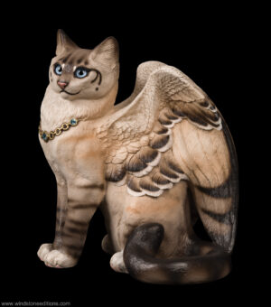 Large Bird-Winged Flap Cat fantasy figurine hand-painted like a Lynx Point Siamese Cat. Collectable sculpture by Windstone Editions