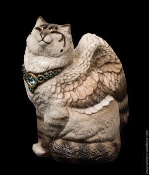 Small Bird-Winged Flap Cat fantasy figurine painted like a Lynx Point Siamese cat. Hand-painted collectable sculpture by Windstone Editions