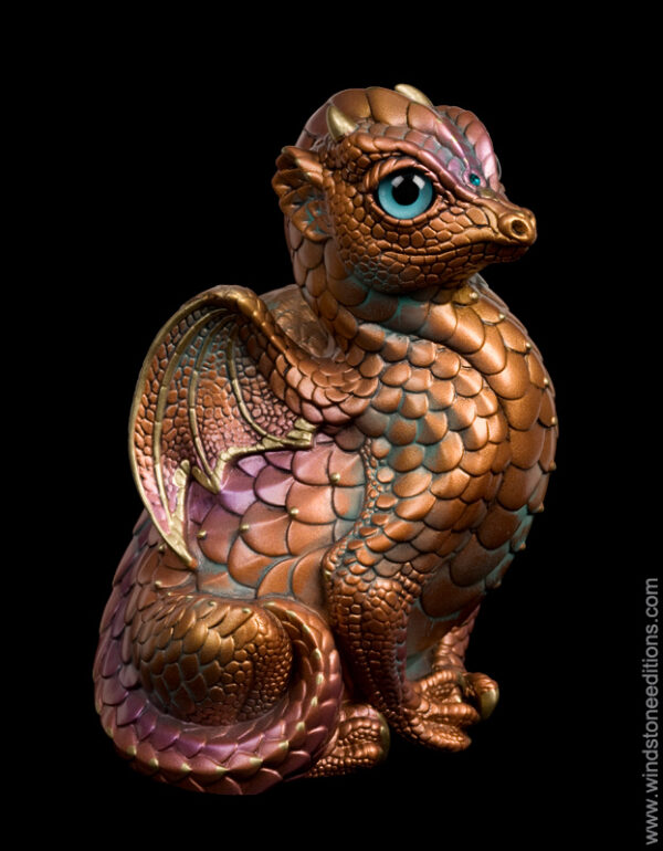 Fledgling Dragon fantasy figurine in Copper Patina with teal glass eyes, teal-colored jewels, and metallic gold trim. Hand-painted collectible by Windstone Editions.