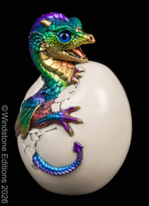 Hatching Emperor Dragon fantasy figurine. Hand-painted collectable sculpture by Windstone Editions in rainbow color