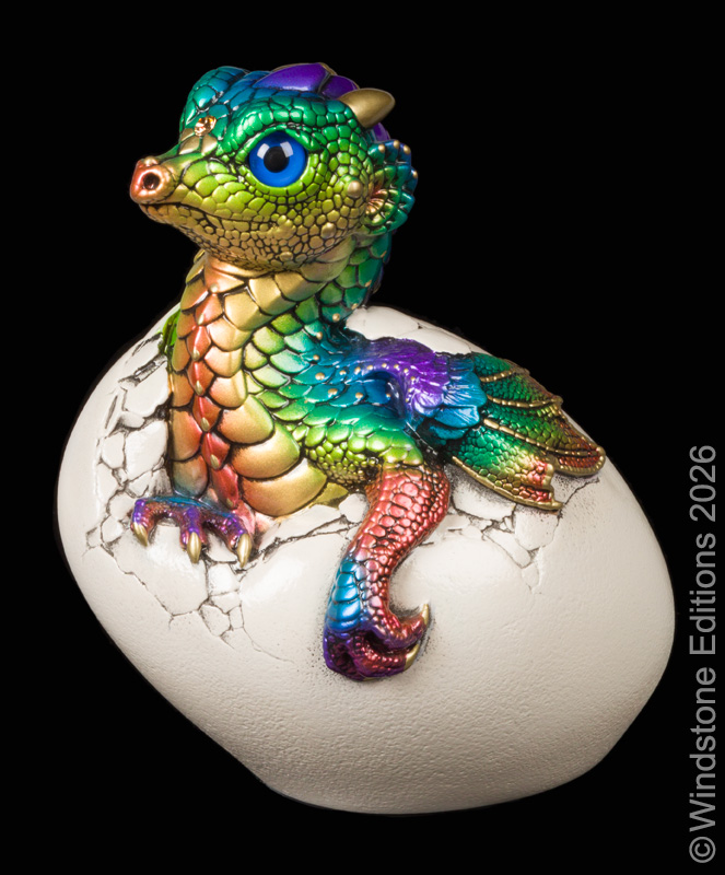 Hatching Empress Dragon fantasy figurine. Hand-painted collectable sculpture by Windstone Editions in rainbow color.