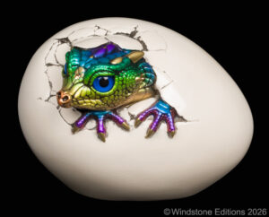 Hatching Kinglet Rainbow fantasy figurine. Hand-painted collectable sculpture by Windstone Editions in rainbow colors.