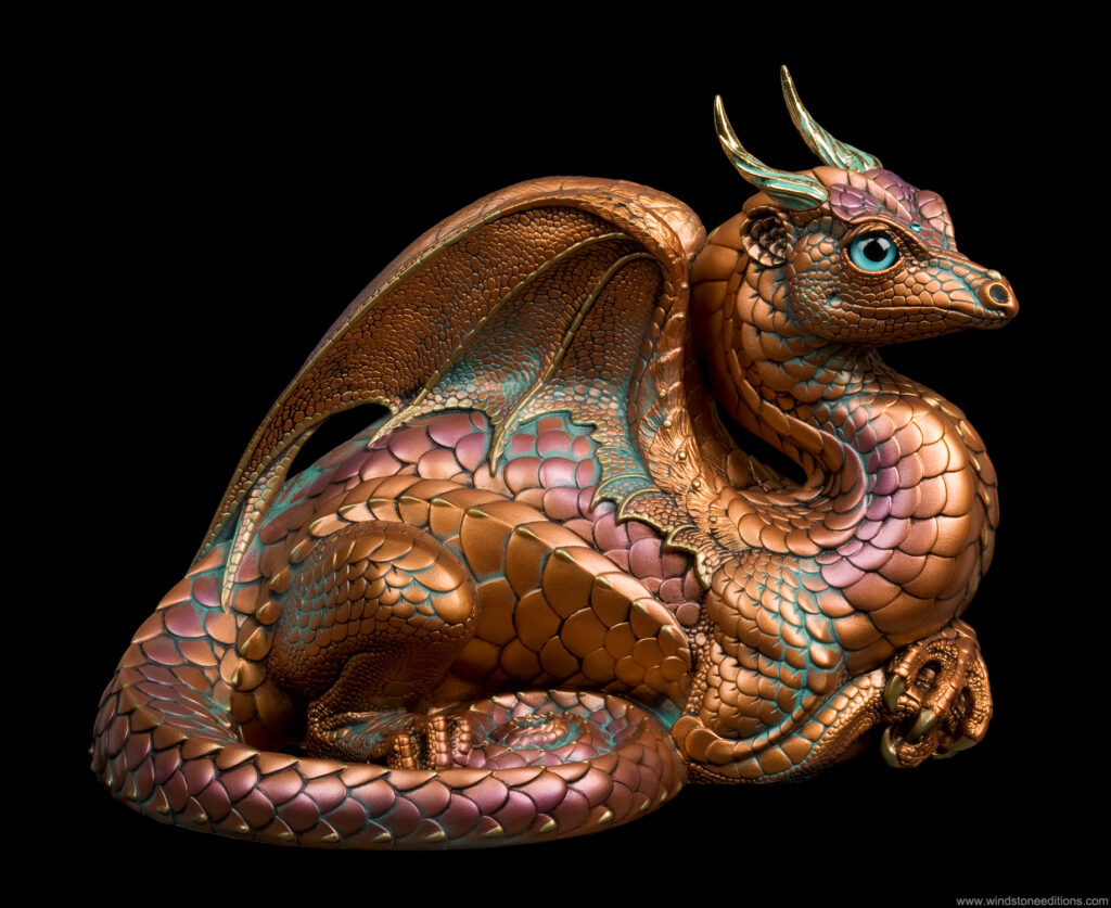 Lap Dragon fantasy figurine in Copper Patina with teal eyes, blue zircon-colored jewels, and antiqued gold horns. Hand-painted collectible by Windstone Editions.