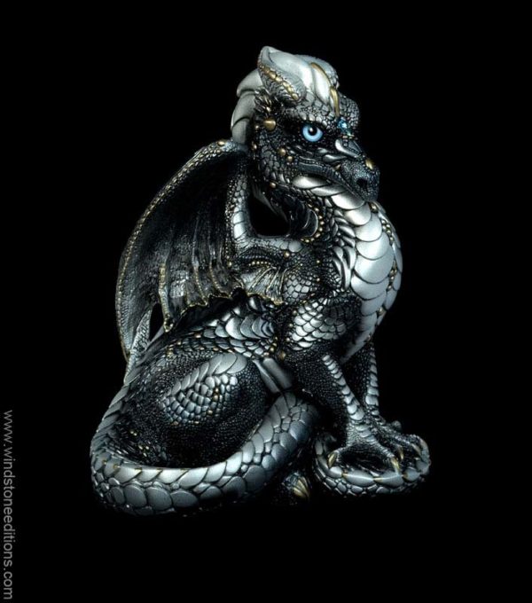 Windstone Editions collectible dragon figurine - Male Dragon - Silver (intense black version)