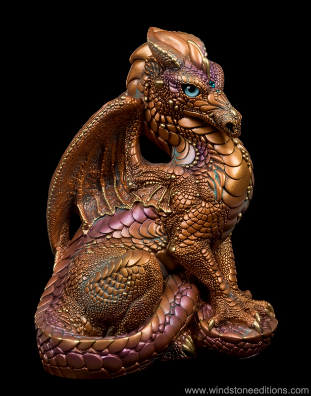 Copper Patina Male Dragon fantasy figurine with blue/green patina, metallic gold trim, light metallic teal glass eyes, and teal-colored jewels. Hand-painted collectible sculpture by Windstone Editions.