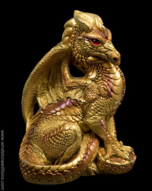 Male Dragon in gold, painted with shades of gold and copper, shaded with dark brown and violet accents. Dark red eyes with a red jewel in his forehead. Hand-painted collectible by Windstone Editions