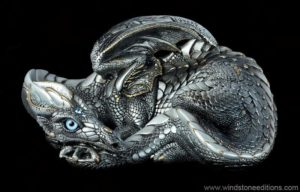 Mother Dragon fantasy figurine in Silver with light black shading, gold detailing, light blue glass eyes, and aquamarine-colored crystals. Hand-painted collectible by Windstone Editions.