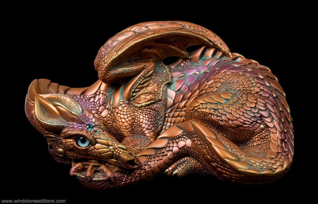 Copper Patina Mother Dragon fantasy figurine with blue/green patina, metallic gold trim, teal glass eyes, and teal-colored jewel. Hand-painted collectible sculpture by Windstone Editions.