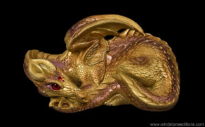 Mother Dragon fantasy figurine in metallic gold with copper accents, red glass eyes, and red-colored jewels. Hand-painted collectible by Windstone Editions.