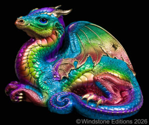 Old Warrior Dragon fantasy figurine. Hand-painted collectable sculpture by Windstone Editions in the colors of the rainbow.