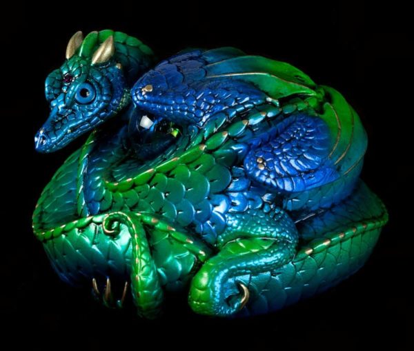Windstone Editions collectable dragon sculpture - Coiled Dragon - Emerald Peacock