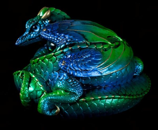 Windstone Editions collectible dragon figurine - Coiled Dragon - Emerald Peacock