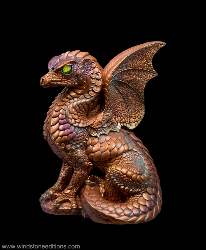 Spectral Dragon fantasy figurine in Copper Patina with blue zircon-colored jewels and distressed antique finish. Hand-painted collectible by Windstone Editions.