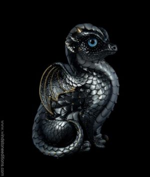 Fledgling Dragon fantasy figurine in Silver with intense black contrast, gold detailing, light blue glass eyes, and aquamarine-colored crystal. Hand-painted collectible by Windstone Editions