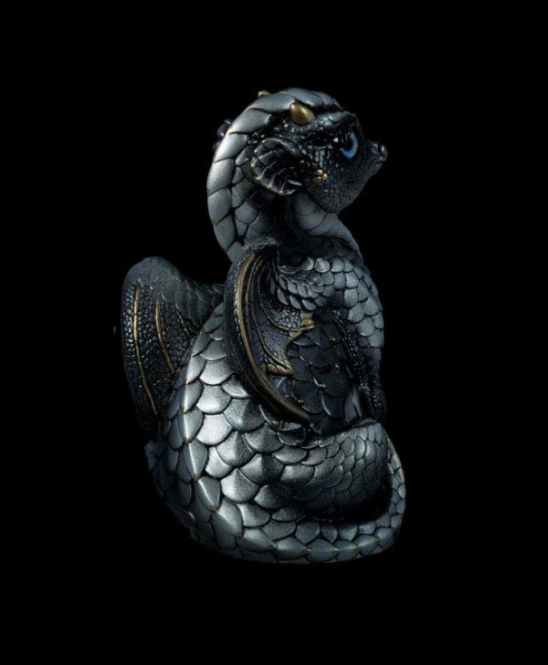 Windstone Editions collectable dragon sculpture - Fledgling Dragon - Silver (intense black version)