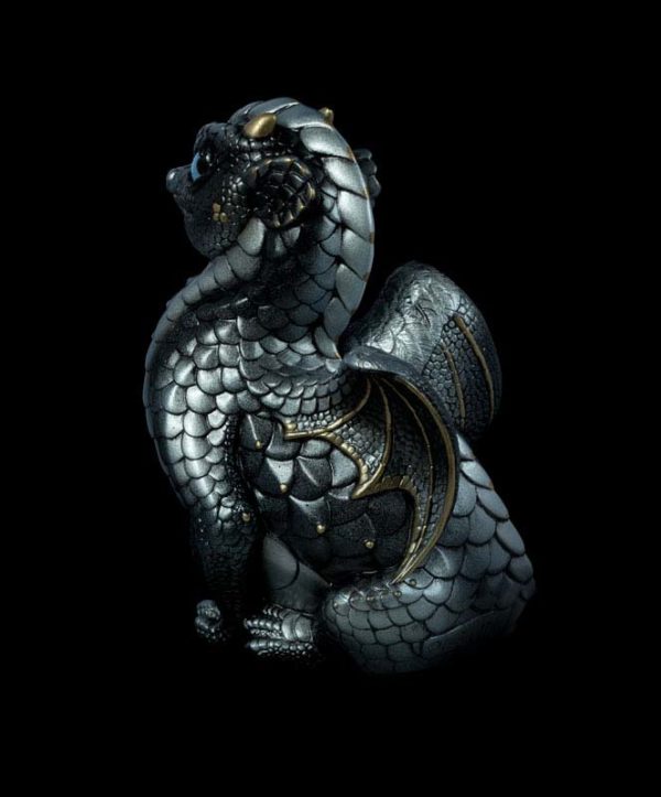 Windstone Editions collectable dragon sculpture - Fledgling Dragon - Silver (intense black version)