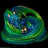 Mother Coiled Dragon fantasy figurine in Emerald-Peacock with blue eyes, an amethyst-colored jewel, and a gold-plated pewter egg. Hand-painted collectible by Windstone Editions