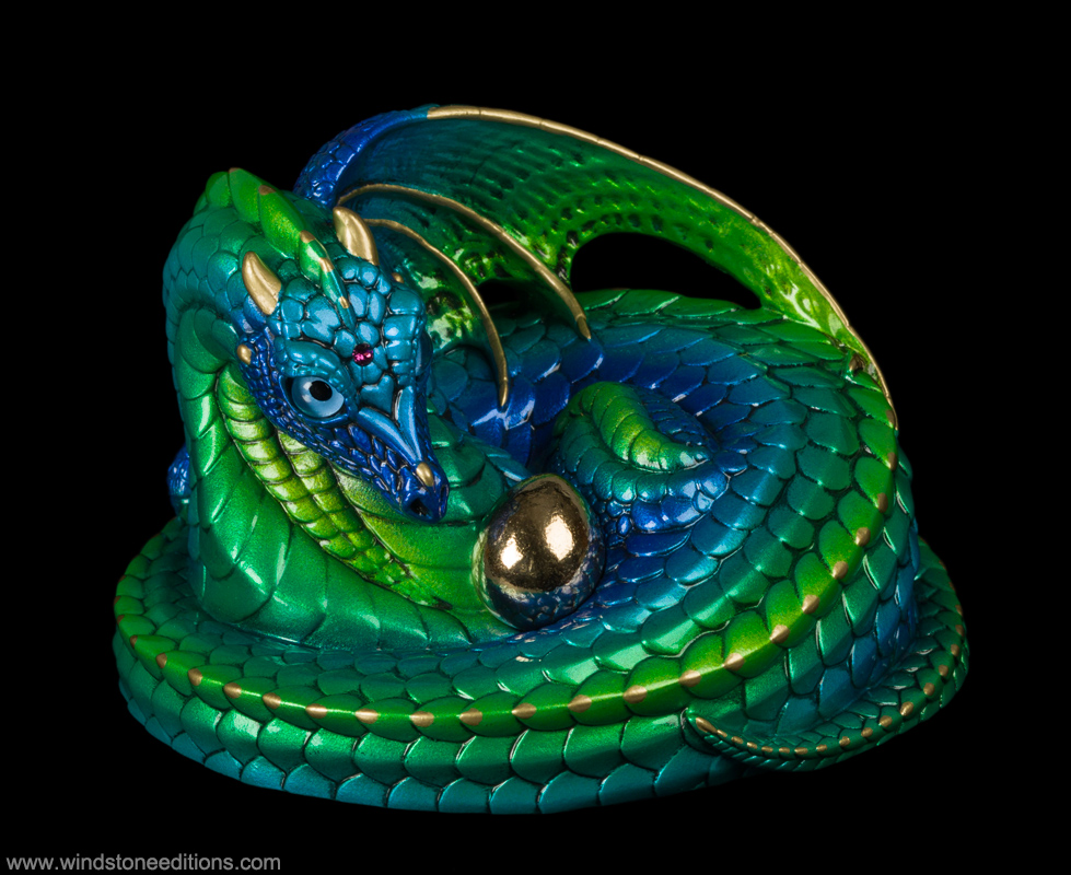 Mother Coiled Dragon fantasy figurine in Emerald-Peacock with blue eyes, an amethyst-colored jewel, and a gold-plated pewter egg. Hand-painted collectible by Windstone Editions