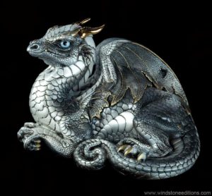 Windstone Editions collectible dragon figurine - Old Warrior Dragon - Silver (silvery version)