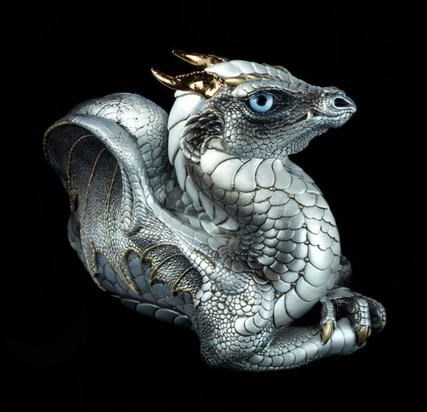 Windstone Editions collectable dragon sculpture - Old Warrior Dragon - Silver (silvery version)