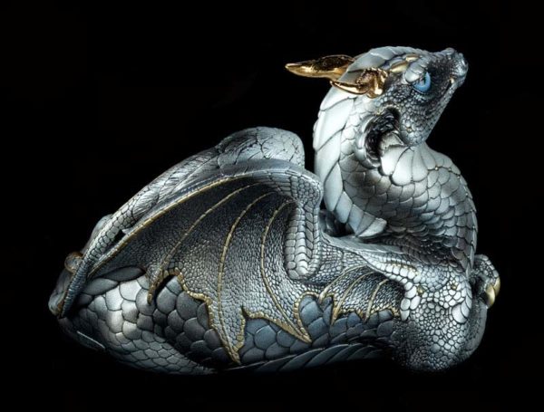Windstone Editions collectible dragon figurine - Old Warrior Dragon - Silver (silvery version)
