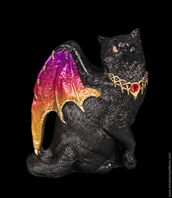 Bat Winged Flap Cat fantasy figurine hand-painted in black with sunset colored wings. Collectable sculpture by Windstone Editions