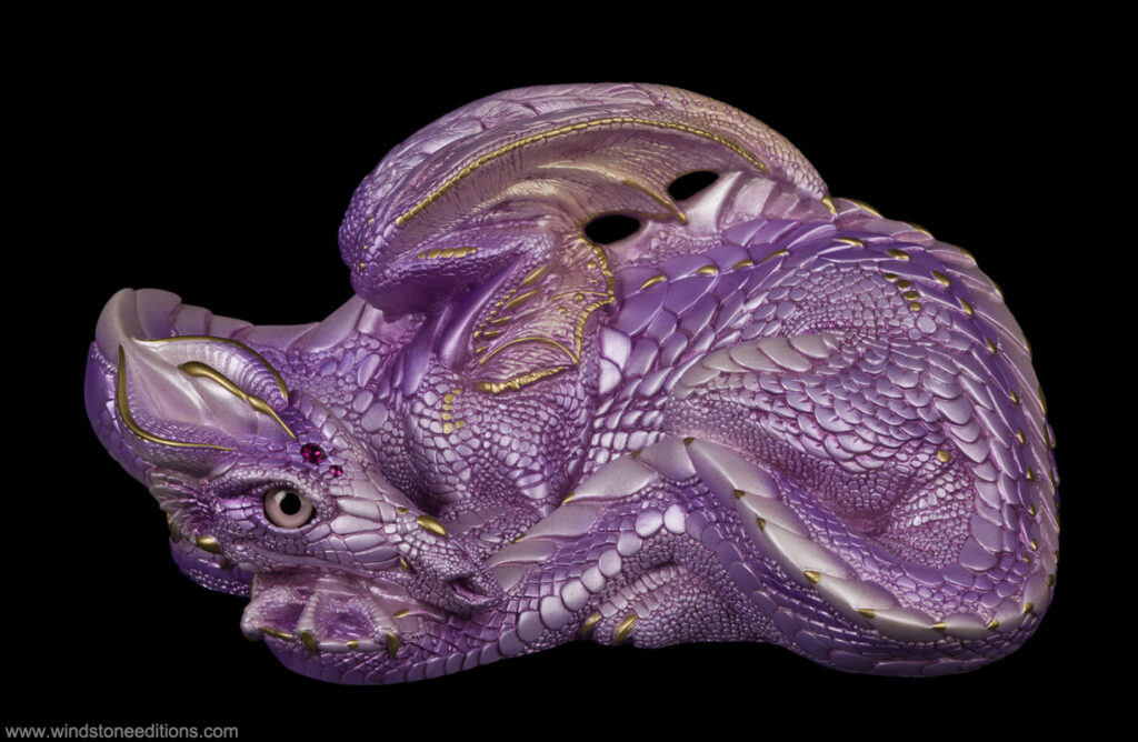 Mother Dragon fantasy figurine in Lavender Pearl with soft lavender shades, gold detailing, and amethyst-colored jewels. Hand-painted collectible sculpture by Windstone Editions