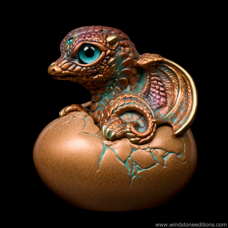 Hatching Dragon Version 2 fantasy figurine in Copper Patina with teal glass eyes, teal-colored jewels, and copper-colored eggs. Hand-painted collectible by Windstone Editions.