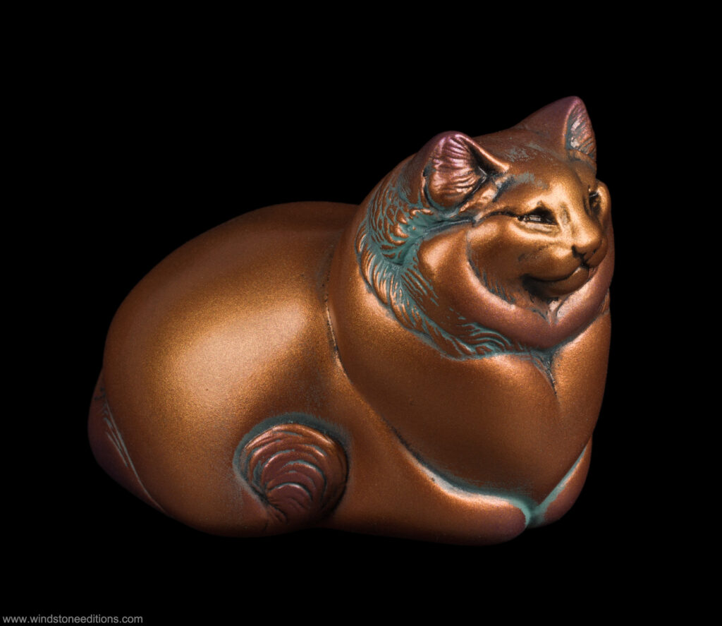 Fat Pebble Cat figurine painted to look like copper. Hand-painted collectable sculpture by Windstone Editions
