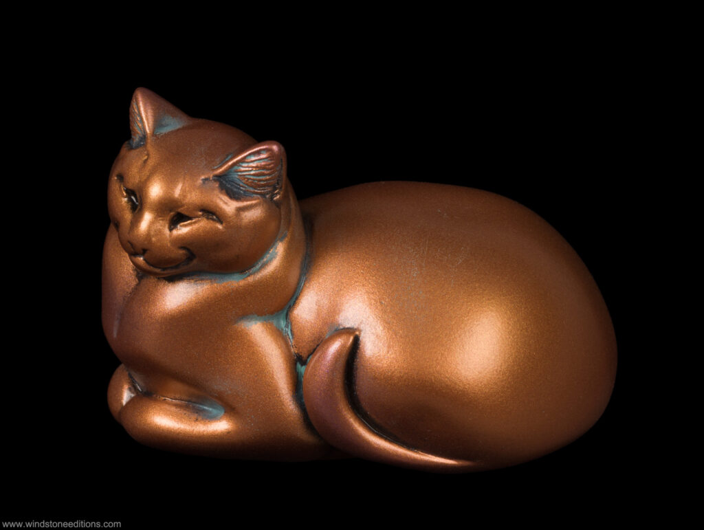 Lady Pebble cat figurine hand-painted to look like copper. Collectable sculpture by Windstone Editions