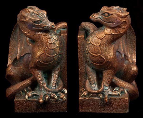 Stone Dragon Bookends (left and right) - Copper Patina