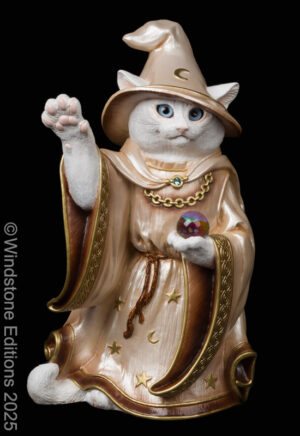 Wizard Cat fantasy figurine. Hand-painted collectable sculpture by Windstone Editions in white with blue eyes.