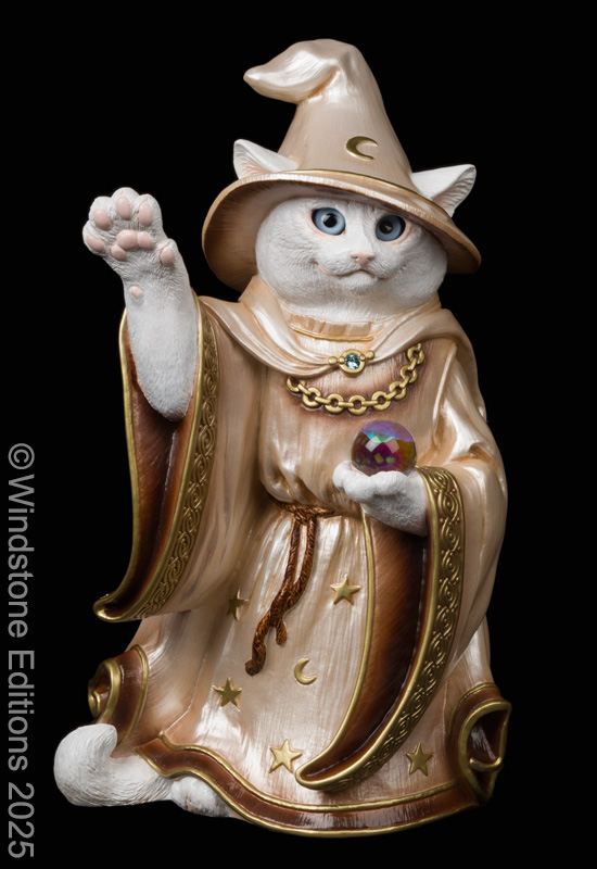 Wizard Cat fantasy figurine. Hand-painted collectable sculpture by Windstone Editions in white with blue eyes.