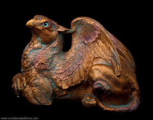 Female Griffin in Copper Patina with blue zircon jewels and teal eyes, featuring a distressed antique finish. Hand-painted collectible sculpture by Windstone Editions