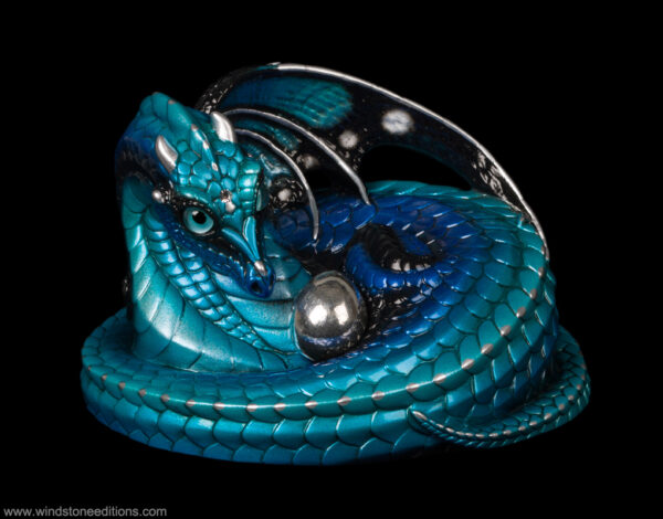 Mother Coiled Dragon fantasy figurine with blue morpho butterfly coloring and pewter egg. Hand-painted sculpture by Windstone Editions