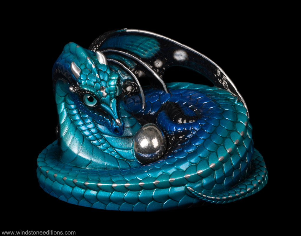 Mother Coiled Dragon fantasy figurine with blue morpho butterfly coloring and pewter egg. Hand-painted sculpture by Windstone Editions