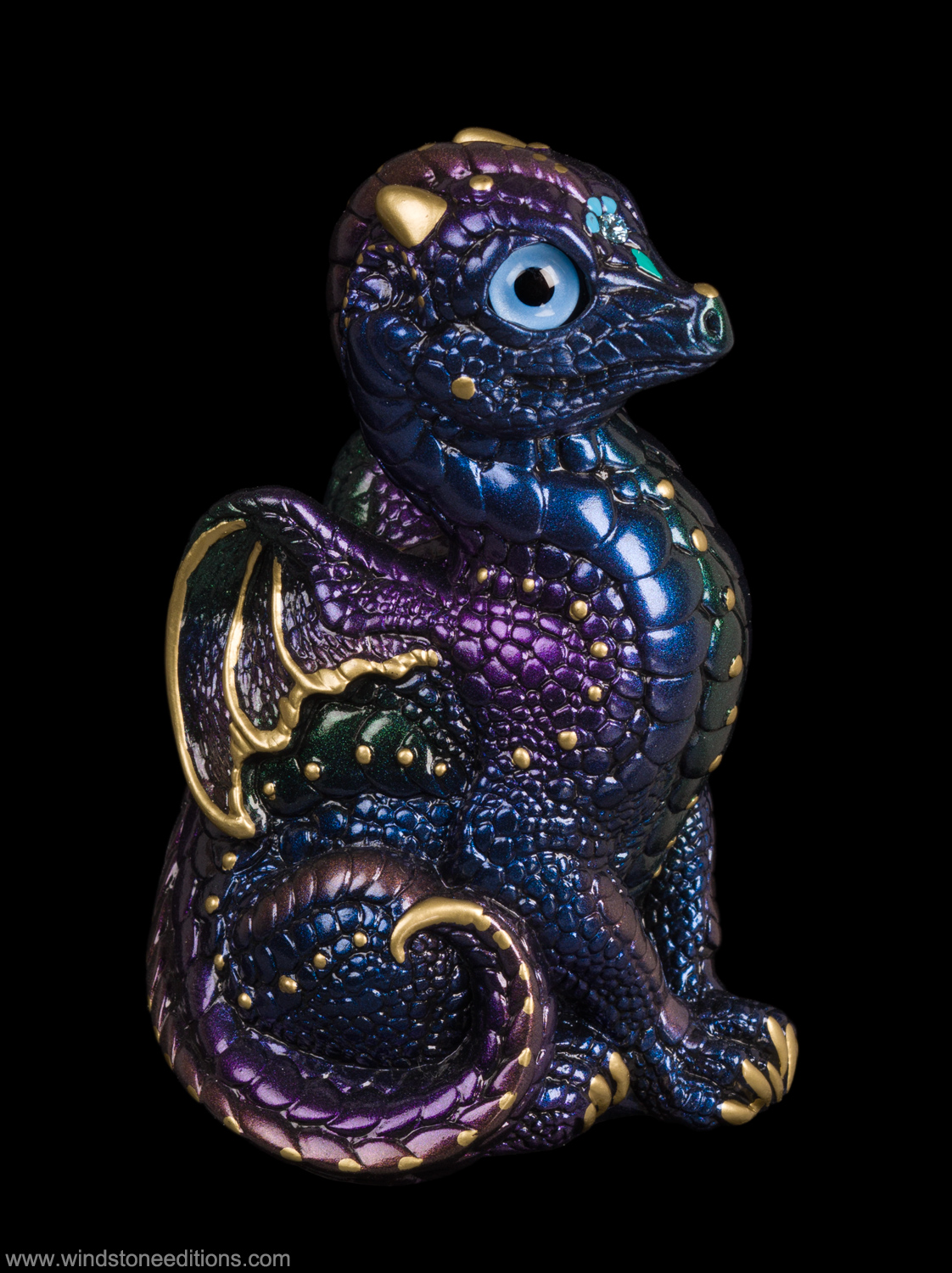 Baby Dragon fantasy figurine painted in blue and purple. Hand-painted collectable sculpture by Windstone Editions
