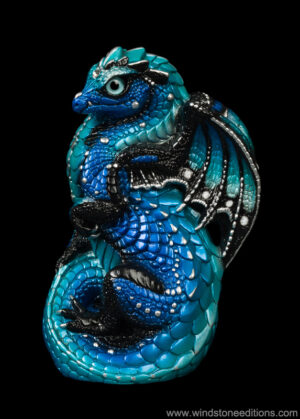 Young Dragon fantasy figurine in Blue Morpho with metallic blue shades, black trim, teal glass eyes, and clear jewels. Hand-painted collectible by Windstone Editions