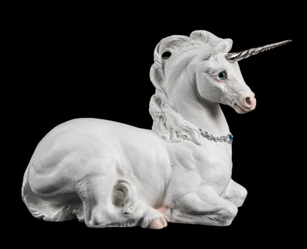 Mother Unicorn fantasy figurine in snow white with silver colored details. Hand-painted collectible sculpture by Windstone Editions