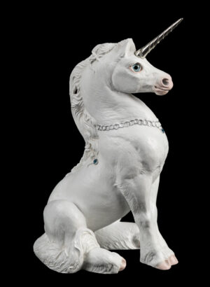 Young Unicorn fantasy figurine in snow white with silver colored details. Hand-painted collectible sculpture by Windstone Editions