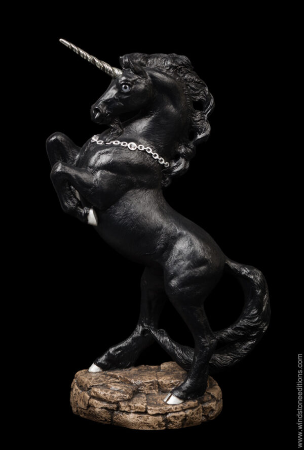Grand Unicorn fantasy figurine painted in jet black with silver detail. Hand-painted collectable sculpture by Windstone Editions