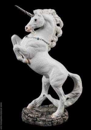 Grand Unicorn fantasy figurine in snow white with silver colored details. Hand-Painted collectible sculpture by Windstone Editions