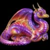 Lap Dragon fantasy figurine in Violet Flame with red glass eyes, gold-plated pewter horns, and a red jewel. Hand-painted collectible sculpture by Windstone Editions