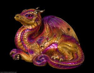 Old Warrior Dragon fantasy figurine hand-painted in gold, violet, and orange. Collectable sculpture by Windstone Editions.