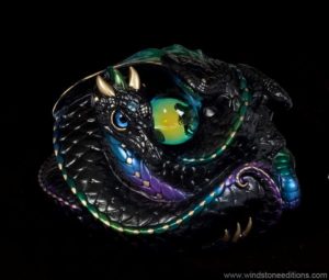Windstone Editions collectible dragon figurine - Coiled Dragon - Black Violet Peacock