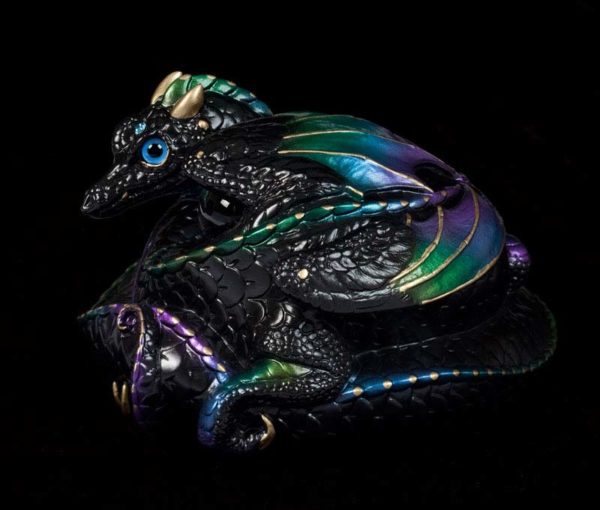 Windstone Editions collectable dragon sculpture - Coiled Dragon - Black Violet Peacock
