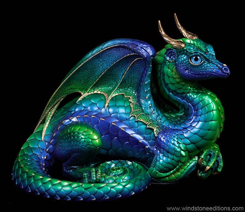 Windstone Editions collectible dragon figurine - Lap Dragon - Emerald Peacock