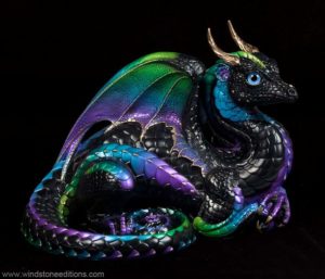 Windstone Editions collectible dragon figurine - Lap Dragon - Black Violet Peacock