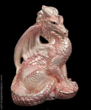 Male Dragon fantasy figurine in Shell Pink with silver trim, silver glass eyes, and clear crystal jewels. Hand-painted collectible sculpture by Windstone Editions