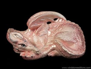 Mother Dragon in Shell Pink, airbrushed in pearly pink with gold and coral hues, silver eyes, and two clear crystal jewels. Hand-painted collectible by Windstone Editions.